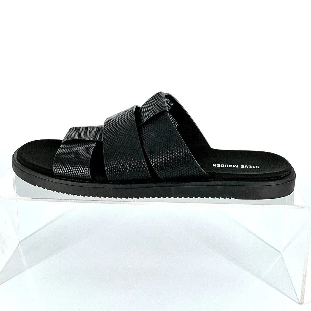 Steve‎ Madden Mens Size 9 Shoal Black Textured Triple Strap Slides Sandals